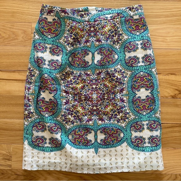 Maeve Dresses & Skirts - Maeve Turquoise Blue Pink Ivory Floral Print Skirt 2 Anthropologie Linen Blend
